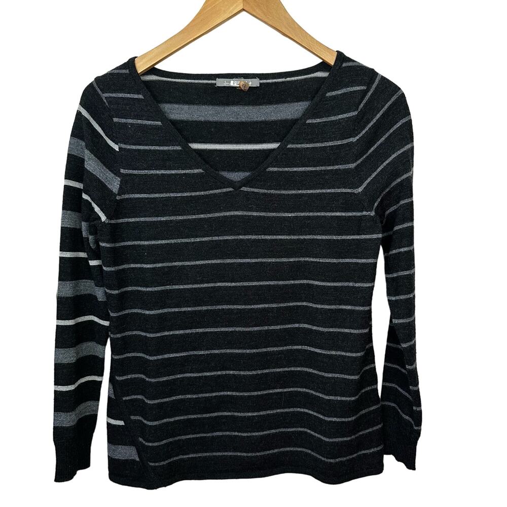 Smartwool Sweater Womens Size XS Long Sleeve V Neck Black Gray Striped Merino